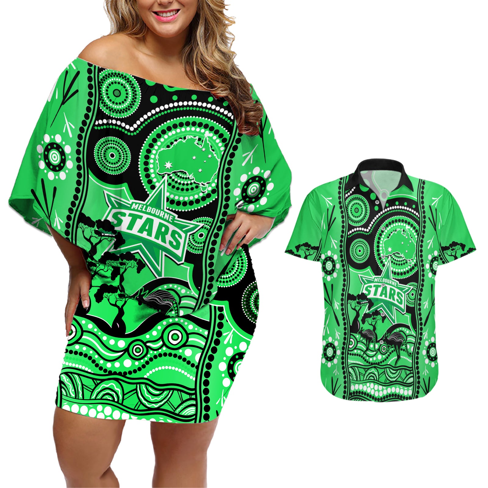 melbourne-stars-cricket-couples-matching-off-shoulder-short-dress-and-hawaiian-shirt-happy-australia-day-aboriginal-art