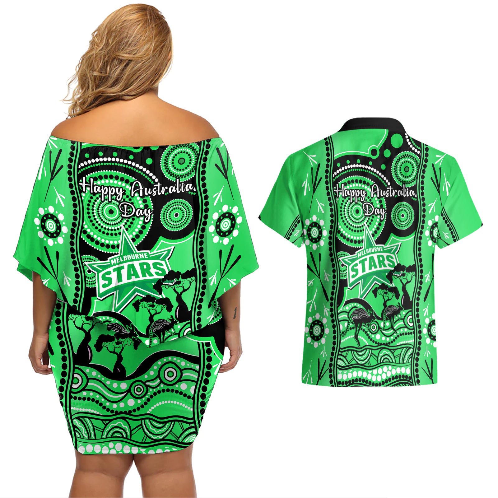 melbourne-stars-cricket-couples-matching-off-shoulder-short-dress-and-hawaiian-shirt-happy-australia-day-aboriginal-art