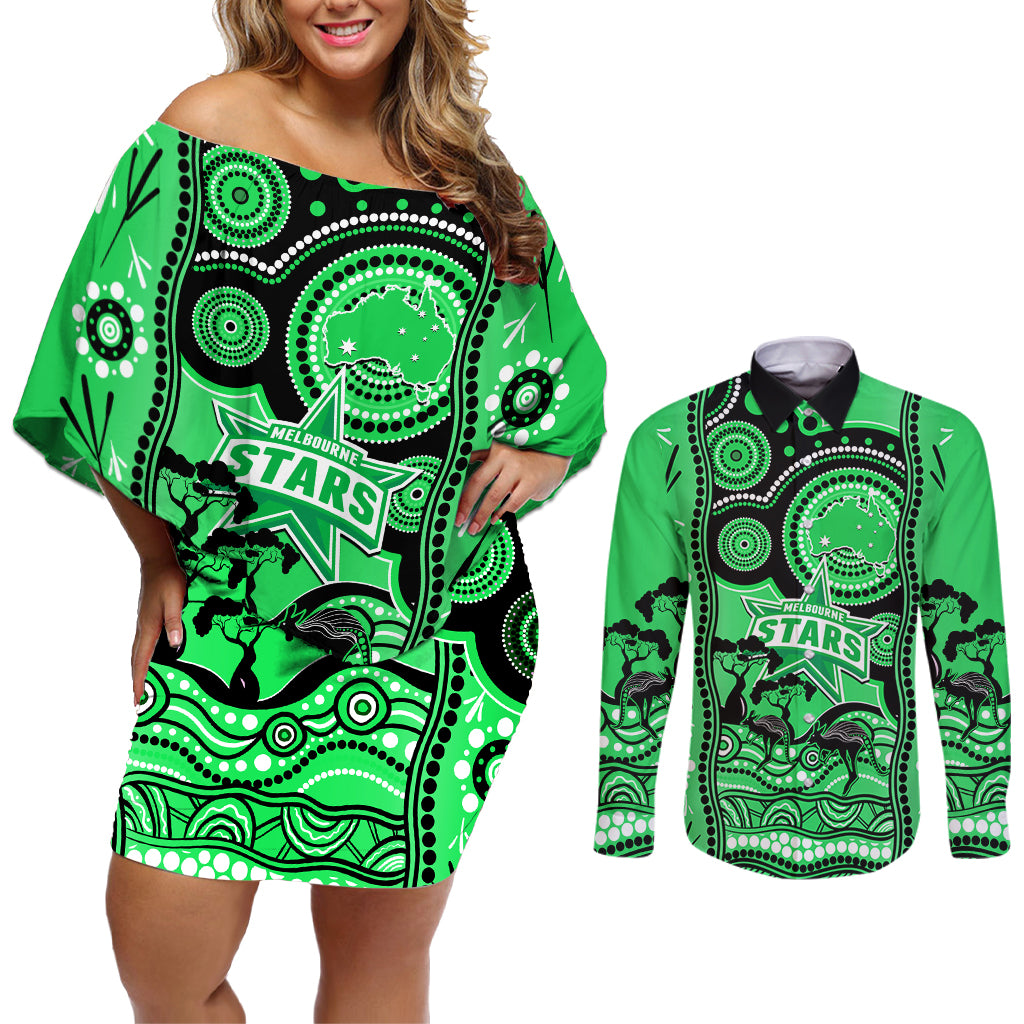 melbourne-stars-cricket-couples-matching-off-shoulder-short-dress-and-long-sleeve-button-shirt-happy-australia-day-aboriginal-art