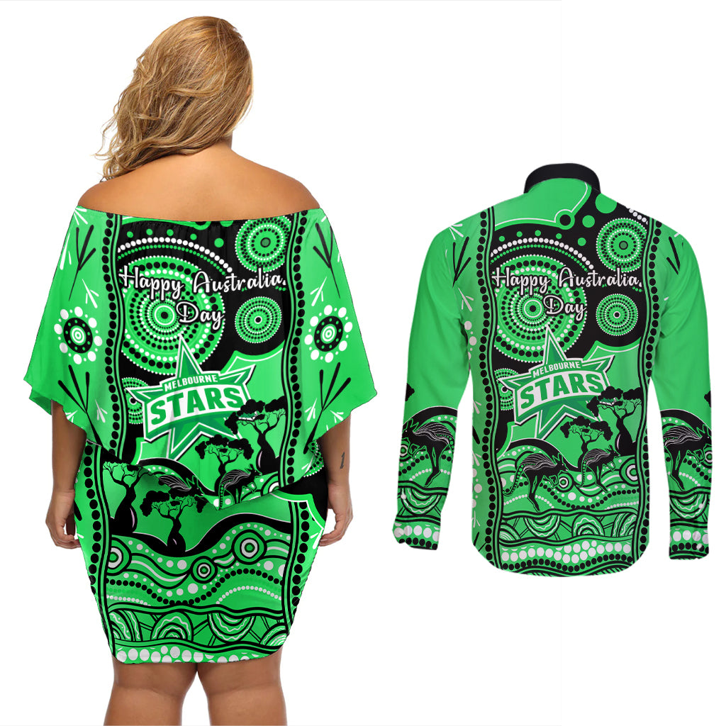 melbourne-stars-cricket-couples-matching-off-shoulder-short-dress-and-long-sleeve-button-shirt-happy-australia-day-aboriginal-art