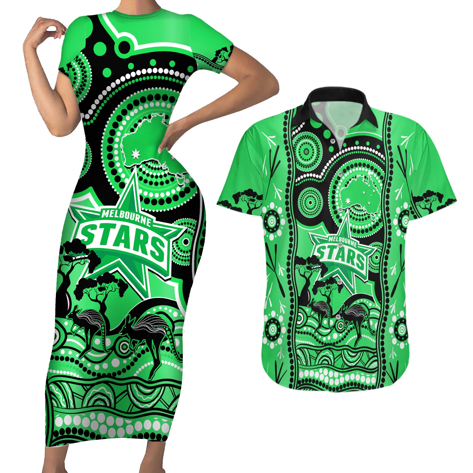 melbourne-stars-cricket-couples-matching-short-sleeve-bodycon-dress-and-hawaiian-shirt-happy-australia-day-aboriginal-art