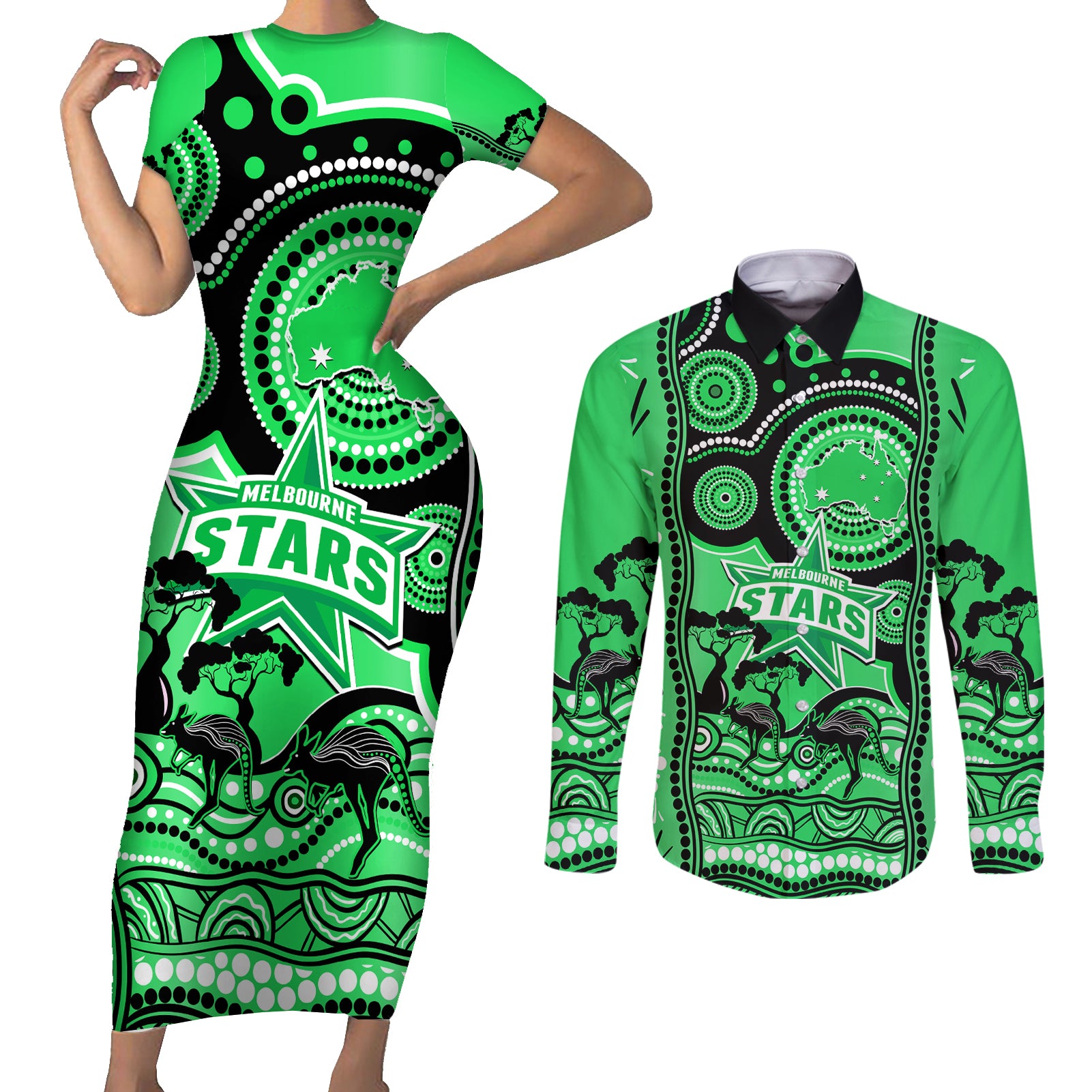 melbourne-stars-cricket-couples-matching-short-sleeve-bodycon-dress-and-long-sleeve-button-shirt-happy-australia-day-aboriginal-art