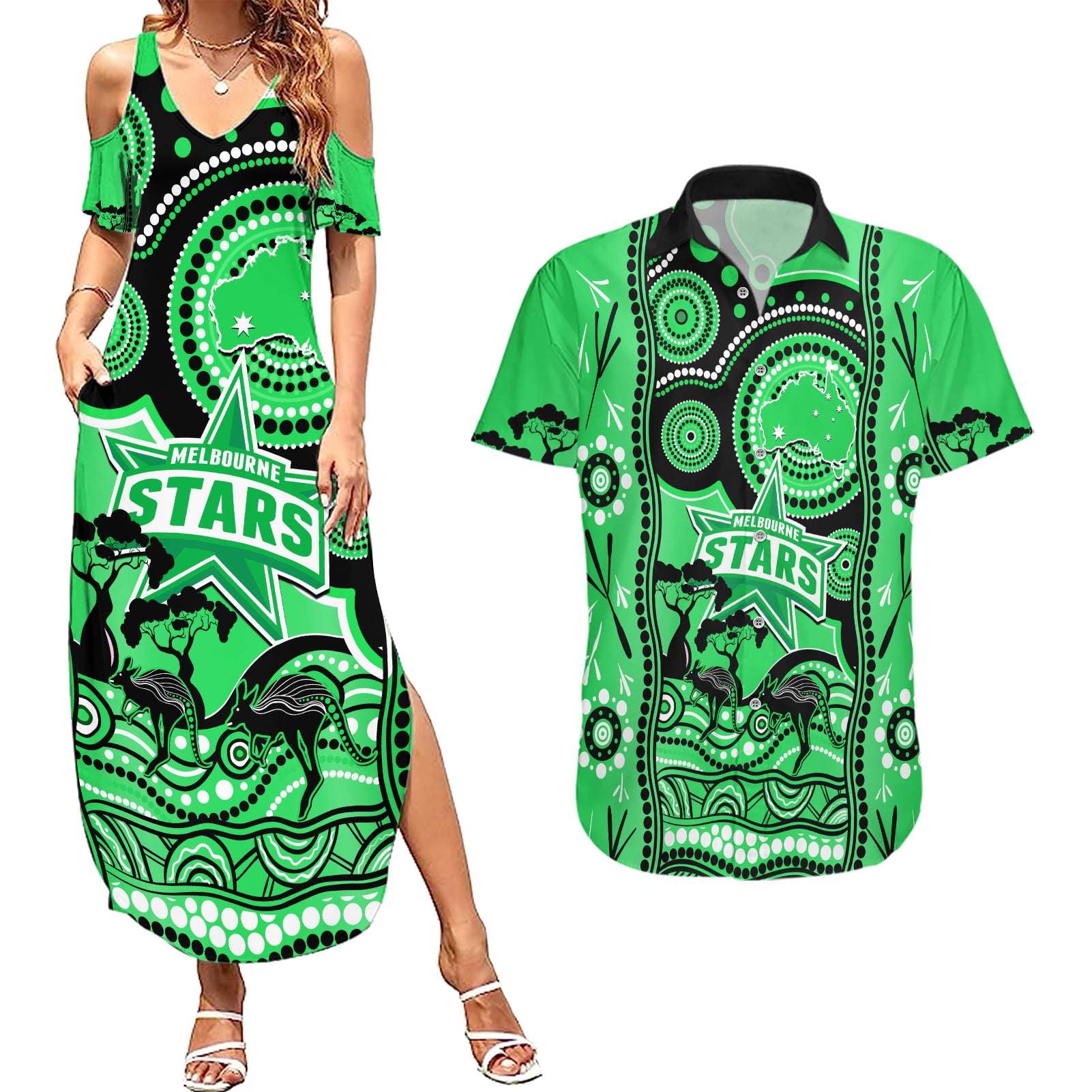 melbourne-stars-cricket-couples-matching-summer-maxi-dress-and-hawaiian-shirt-happy-australia-day-aboriginal-art