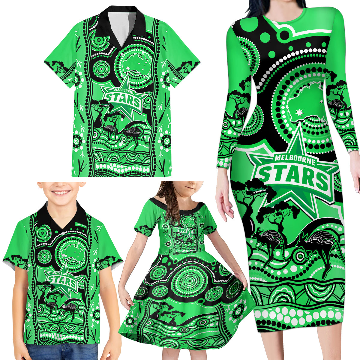 melbourne-stars-cricket-family-matching-long-sleeve-bodycon-dress-and-hawaiian-shirt-happy-australia-day-aboriginal-art