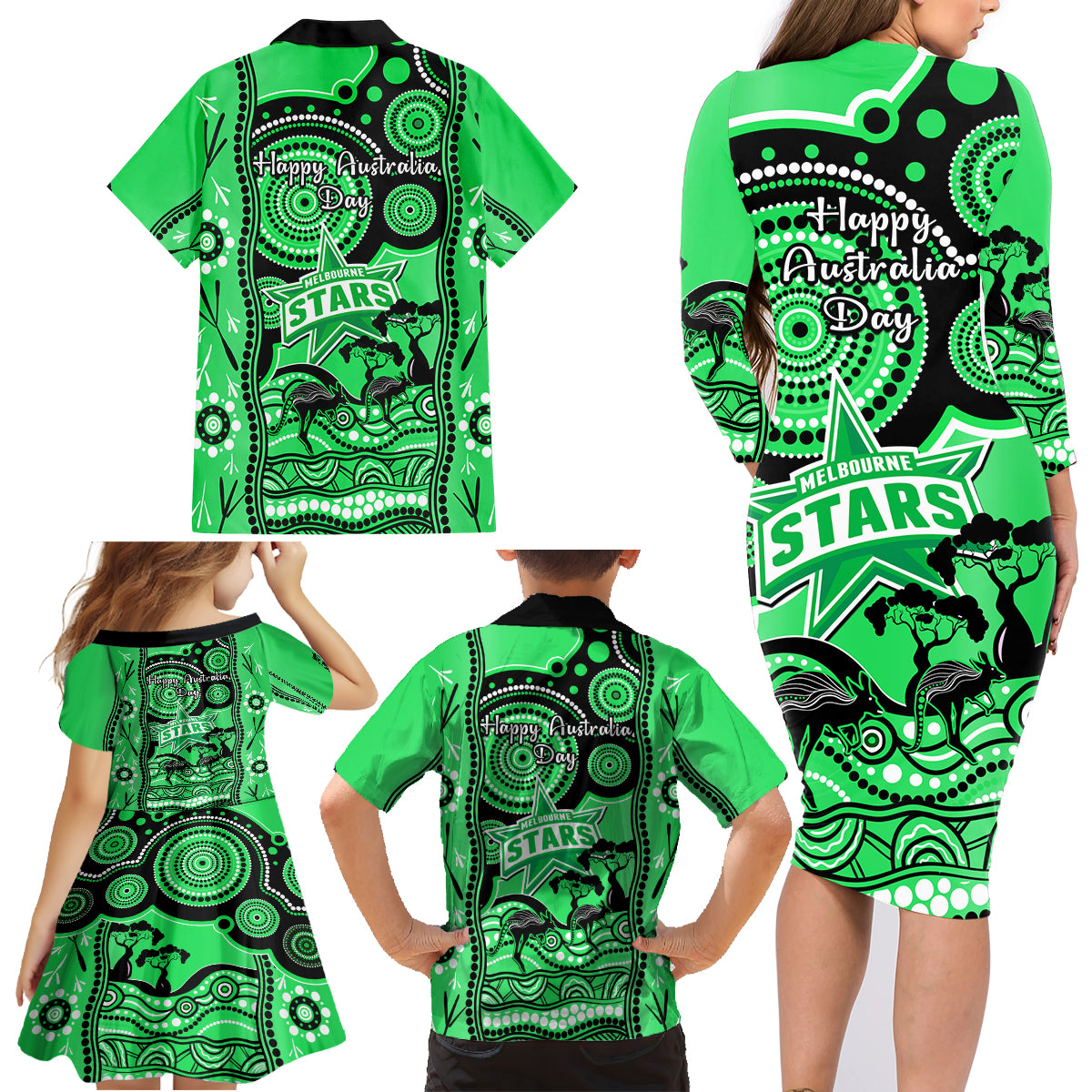 melbourne-stars-cricket-family-matching-long-sleeve-bodycon-dress-and-hawaiian-shirt-happy-australia-day-aboriginal-art