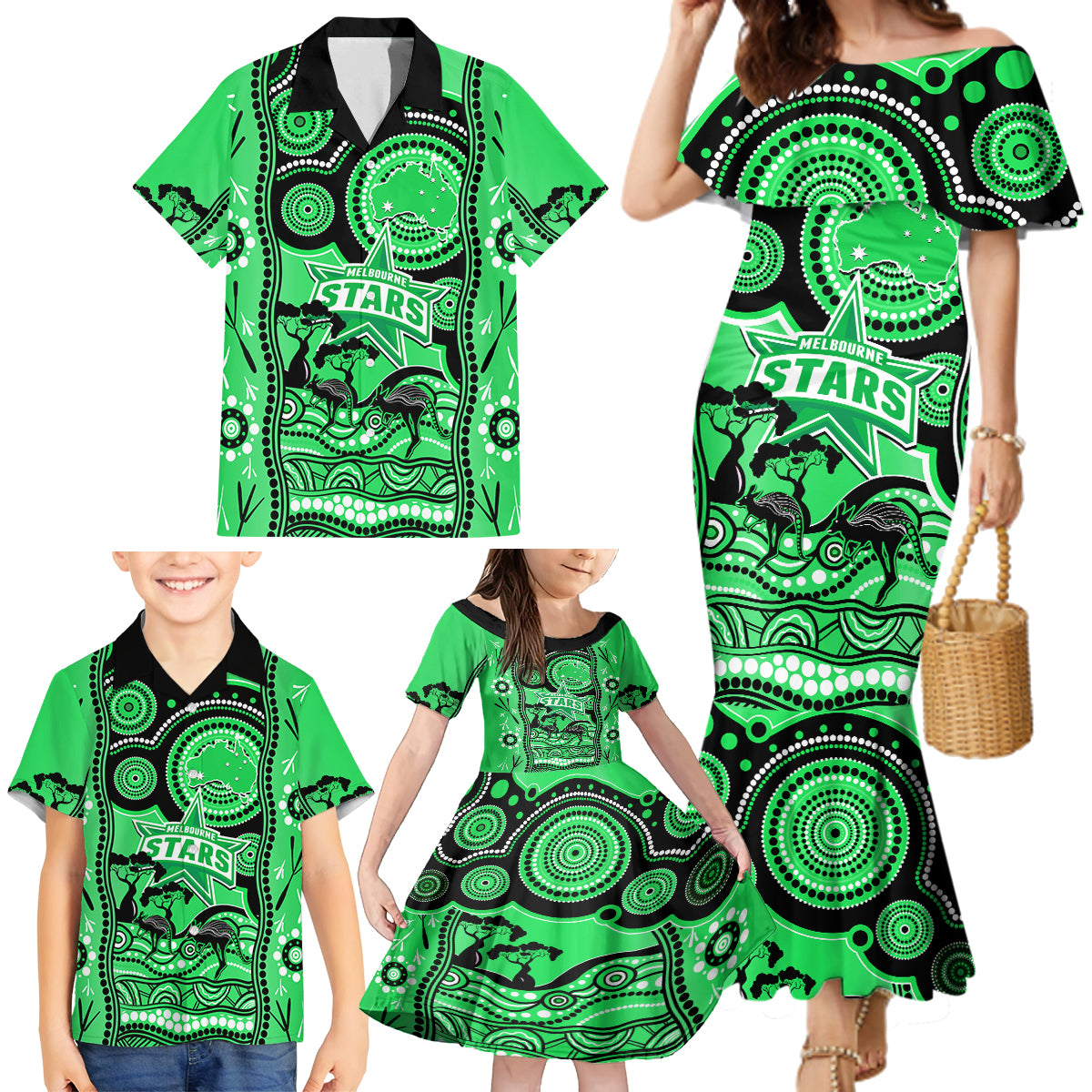 melbourne-stars-cricket-family-matching-mermaid-dress-and-hawaiian-shirt-happy-australia-day-aboriginal-art