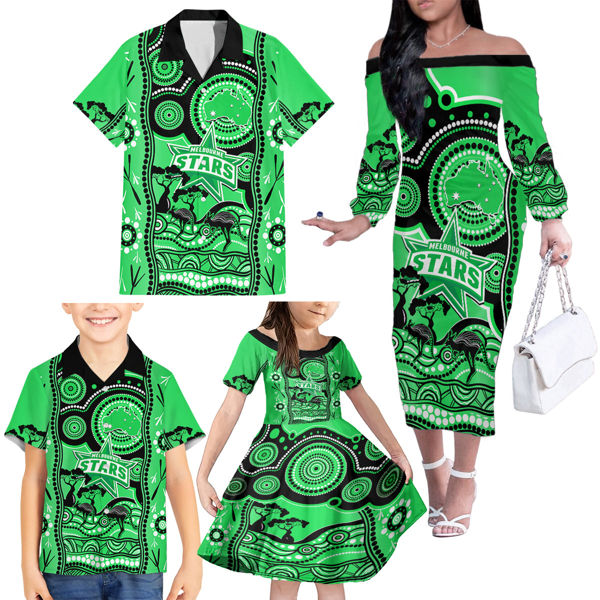 melbourne-stars-cricket-family-matching-off-shoulder-long-sleeve-dress-and-hawaiian-shirt-happy-australia-day-aboriginal-art