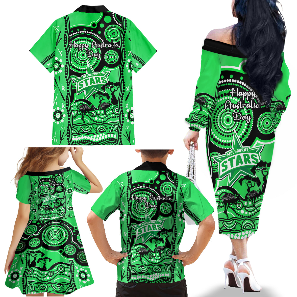 melbourne-stars-cricket-family-matching-off-shoulder-long-sleeve-dress-and-hawaiian-shirt-happy-australia-day-aboriginal-art