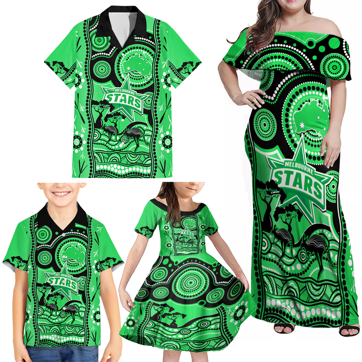 melbourne-stars-cricket-family-matching-off-shoulder-maxi-dress-and-hawaiian-shirt-happy-australia-day-aboriginal-art