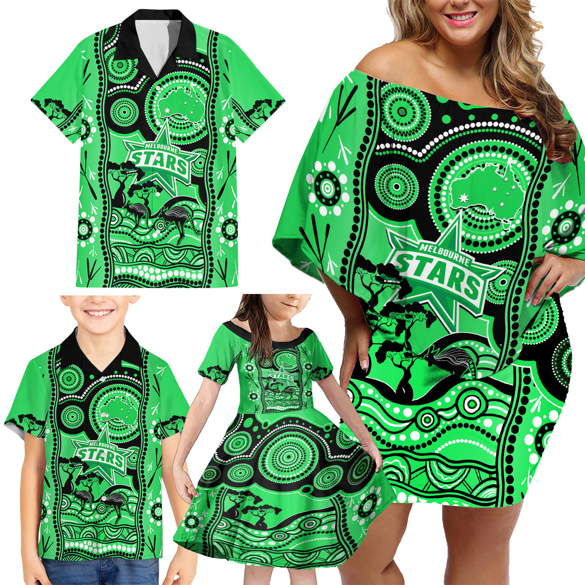 melbourne-stars-cricket-family-matching-off-shoulder-short-dress-and-hawaiian-shirt-happy-australia-day-aboriginal-art