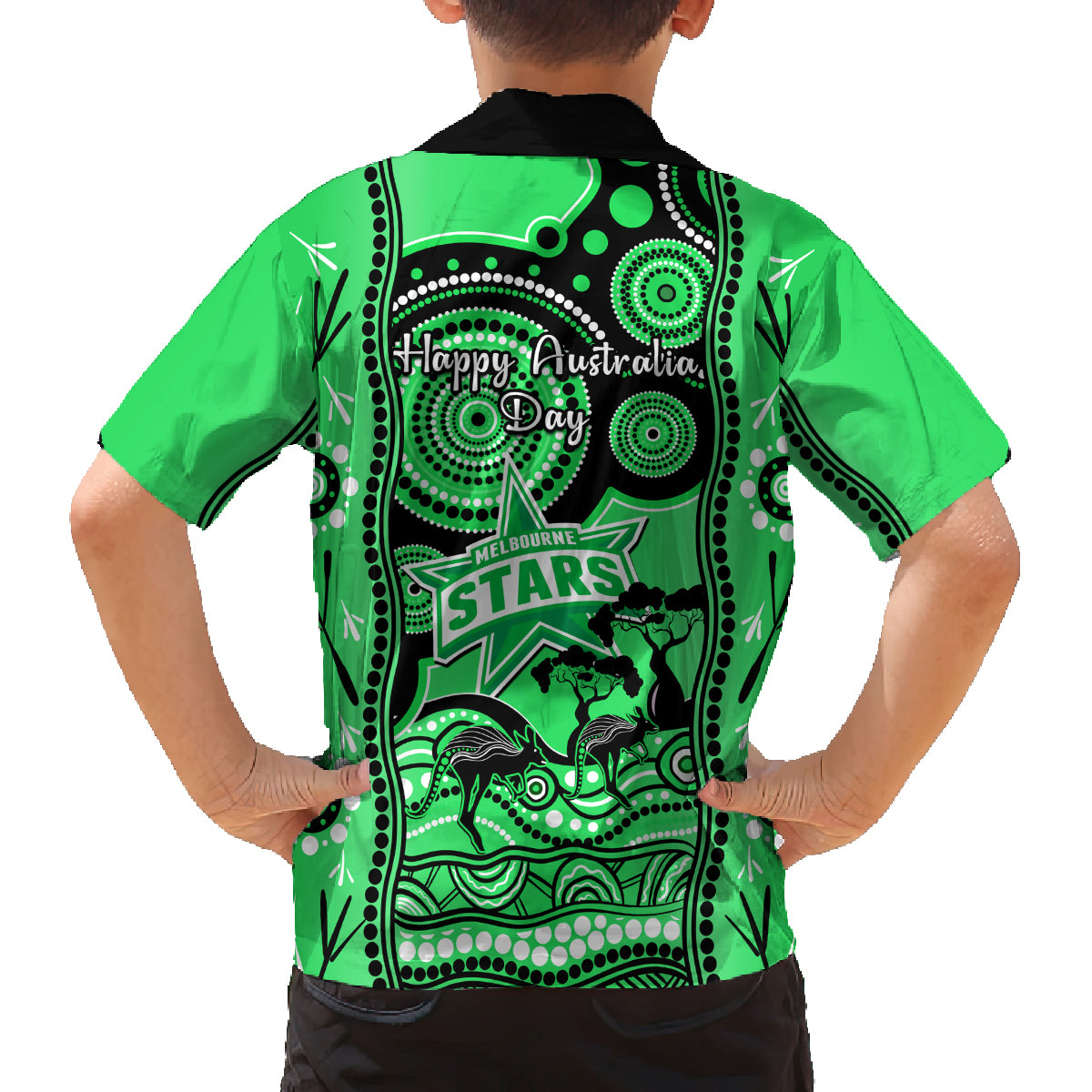 melbourne-stars-cricket-family-matching-off-shoulder-short-dress-and-hawaiian-shirt-happy-australia-day-aboriginal-art