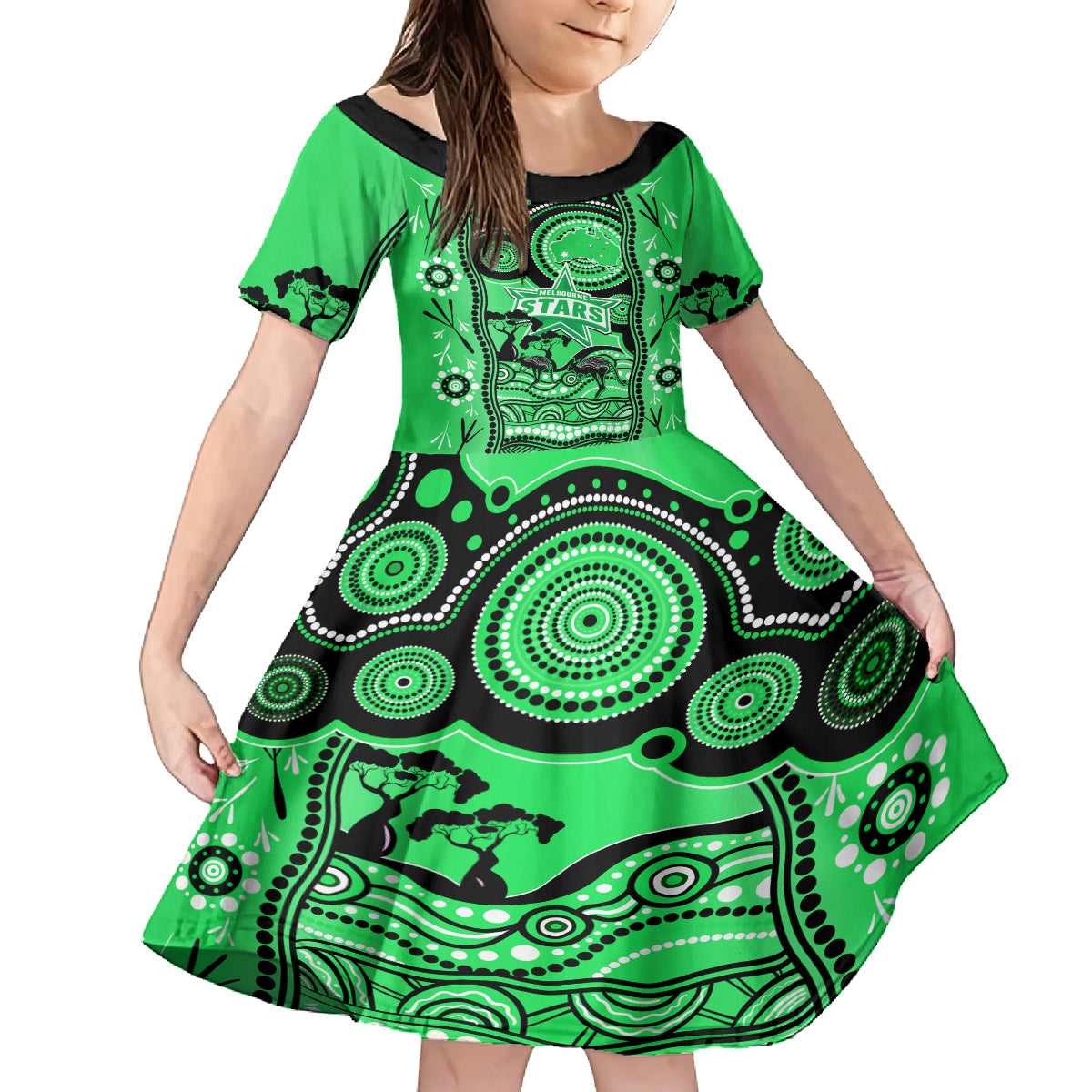 melbourne-stars-cricket-family-matching-off-shoulder-short-dress-and-hawaiian-shirt-happy-australia-day-aboriginal-art