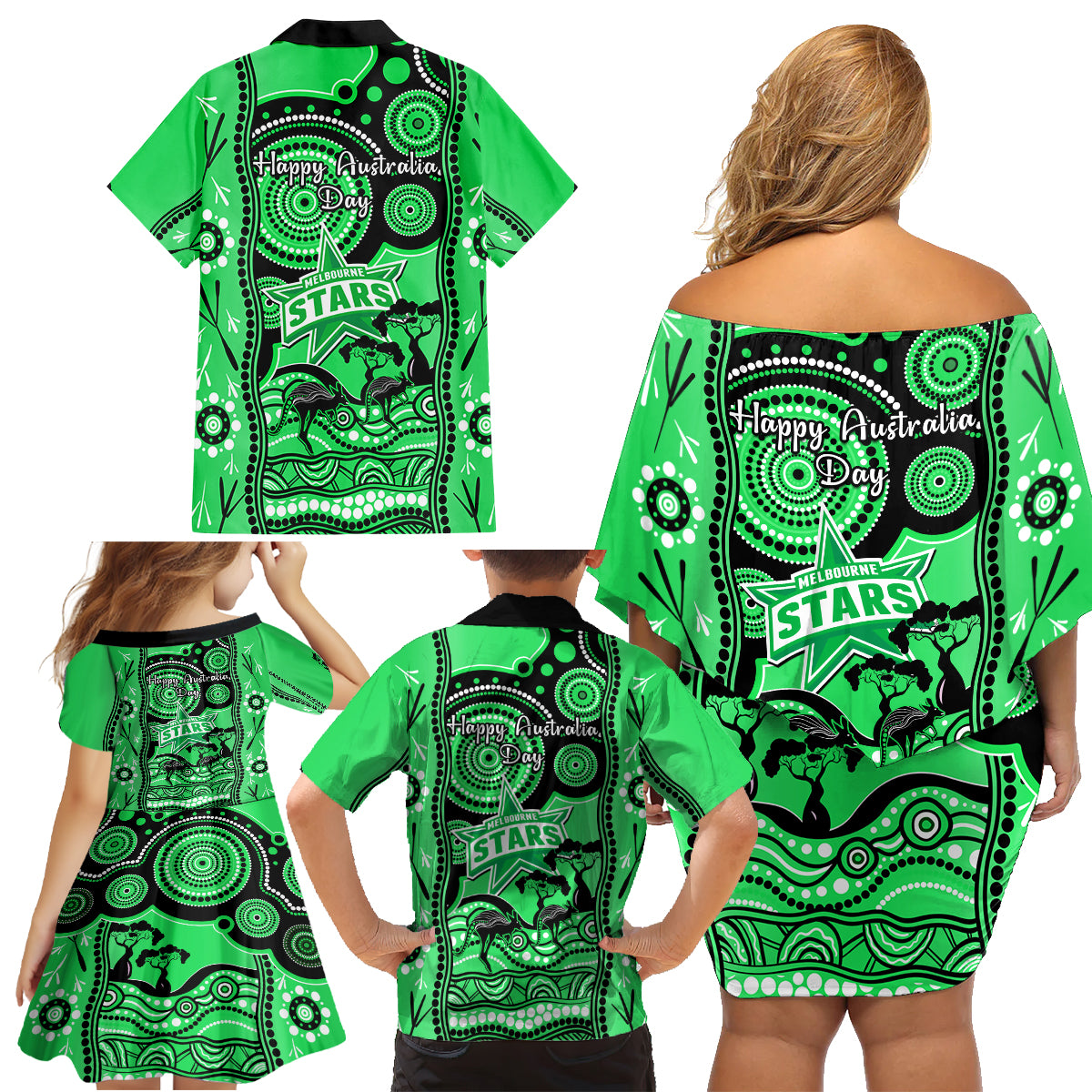 melbourne-stars-cricket-family-matching-off-shoulder-short-dress-and-hawaiian-shirt-happy-australia-day-aboriginal-art