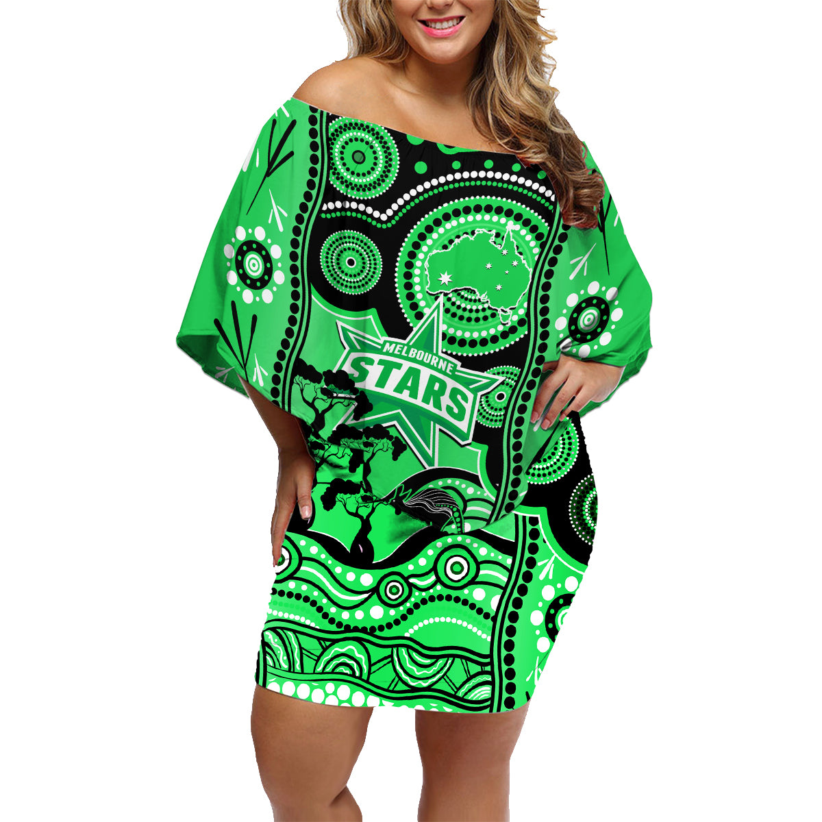 melbourne-stars-cricket-family-matching-off-shoulder-short-dress-and-hawaiian-shirt-happy-australia-day-aboriginal-art