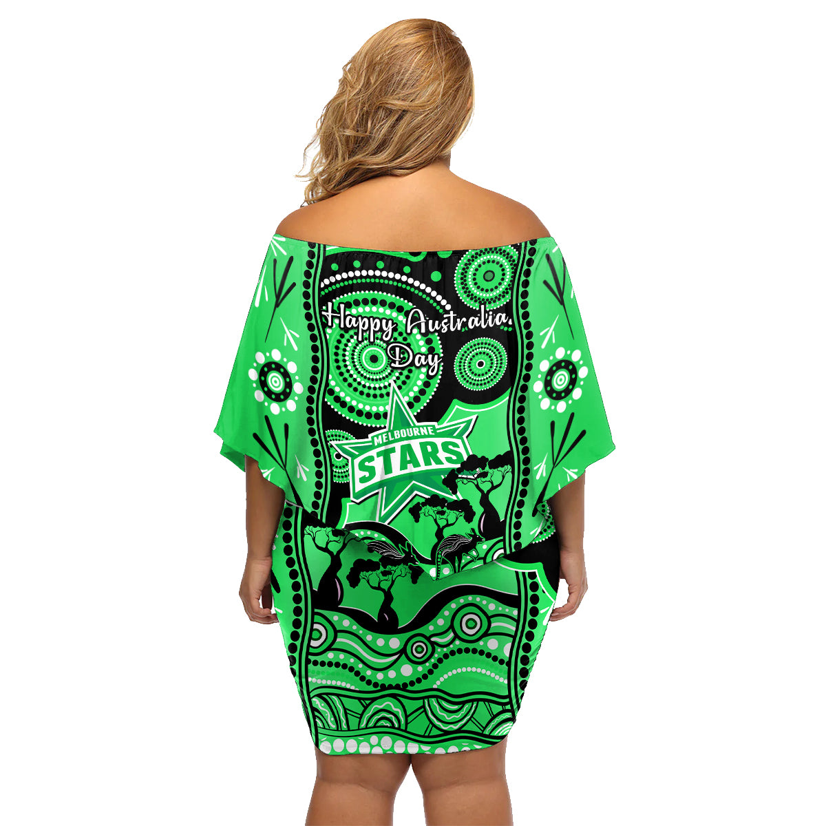 melbourne-stars-cricket-family-matching-off-shoulder-short-dress-and-hawaiian-shirt-happy-australia-day-aboriginal-art