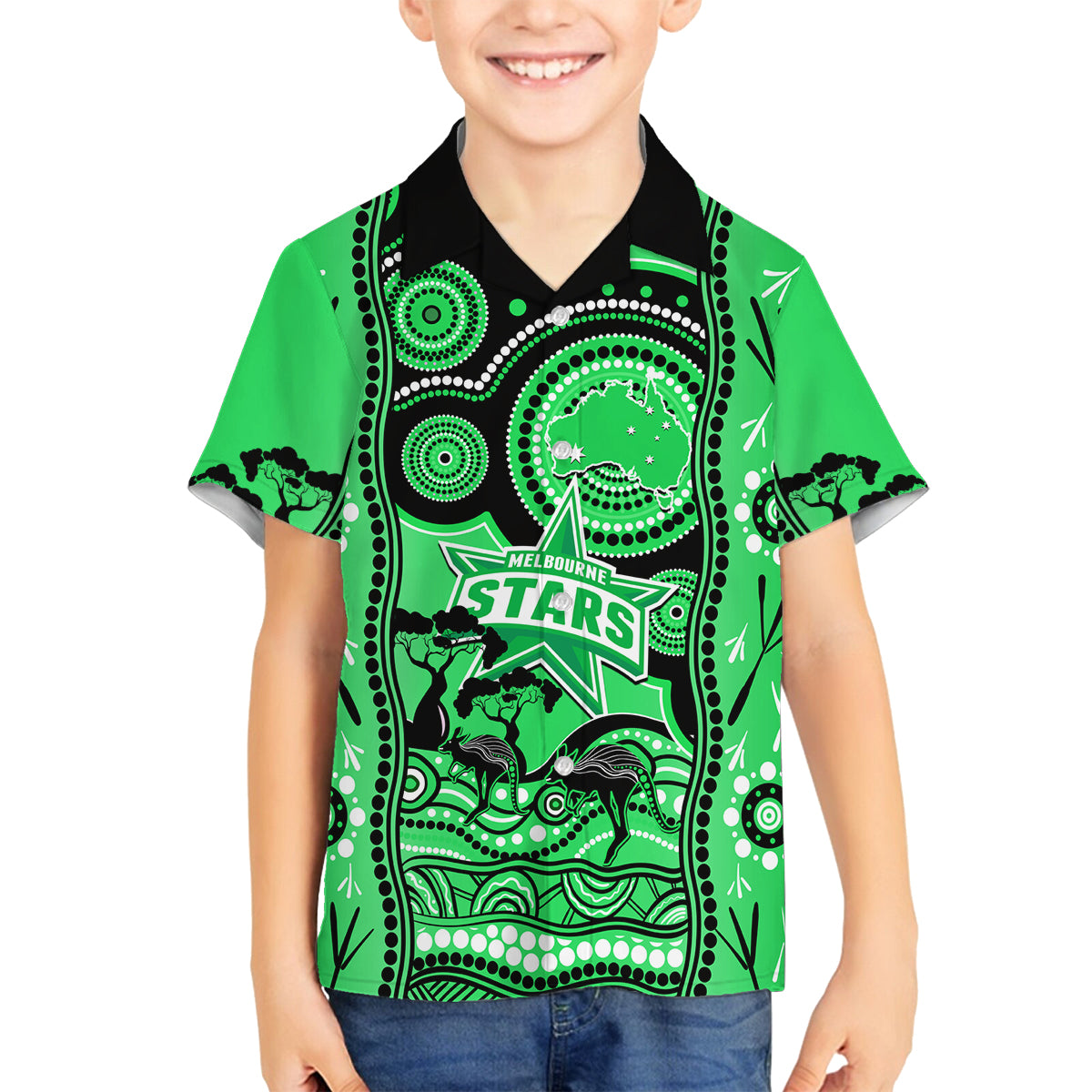 melbourne-stars-cricket-family-matching-off-shoulder-short-dress-and-hawaiian-shirt-happy-australia-day-aboriginal-art