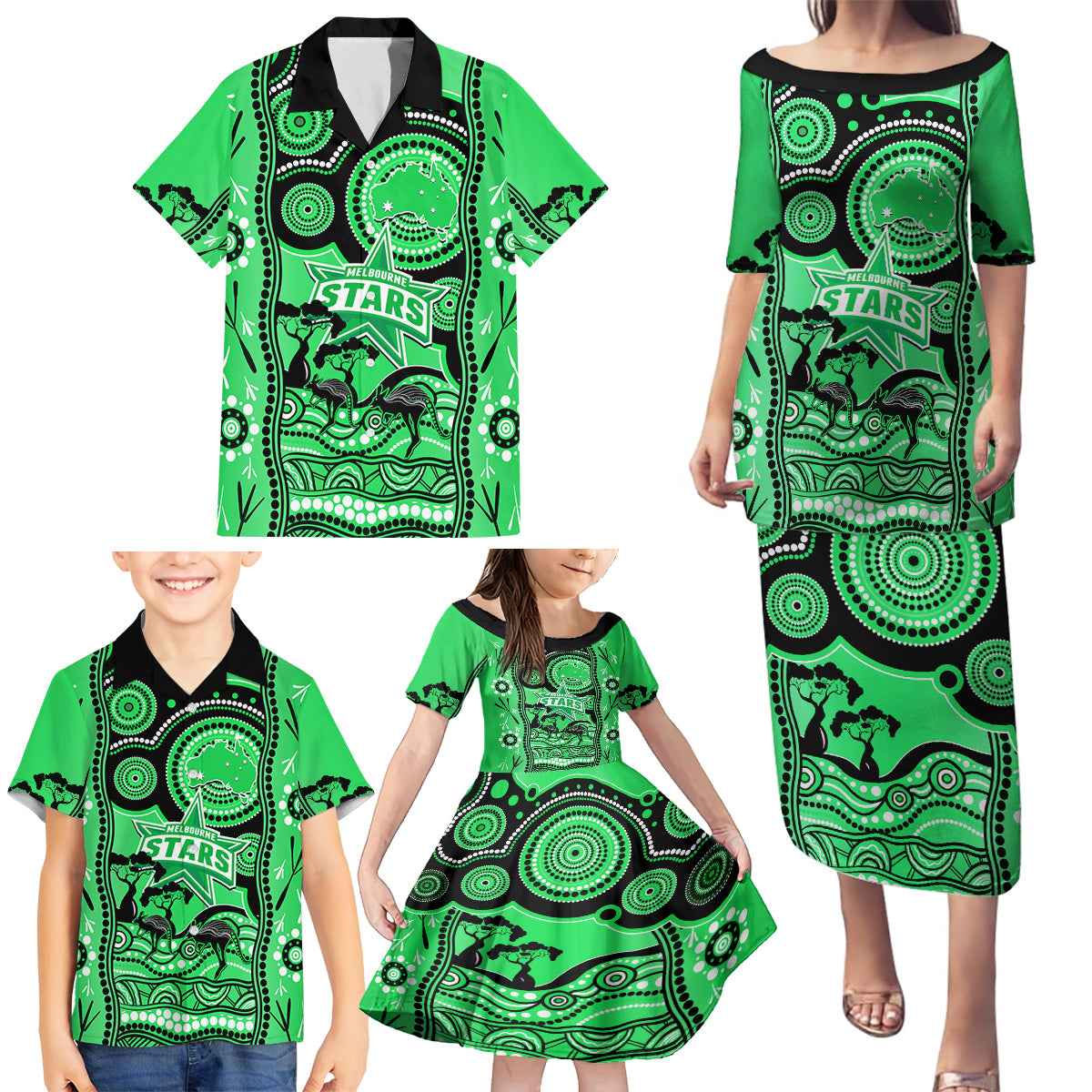 melbourne-stars-cricket-family-matching-puletasi-dress-and-hawaiian-shirt-happy-australia-day-aboriginal-art