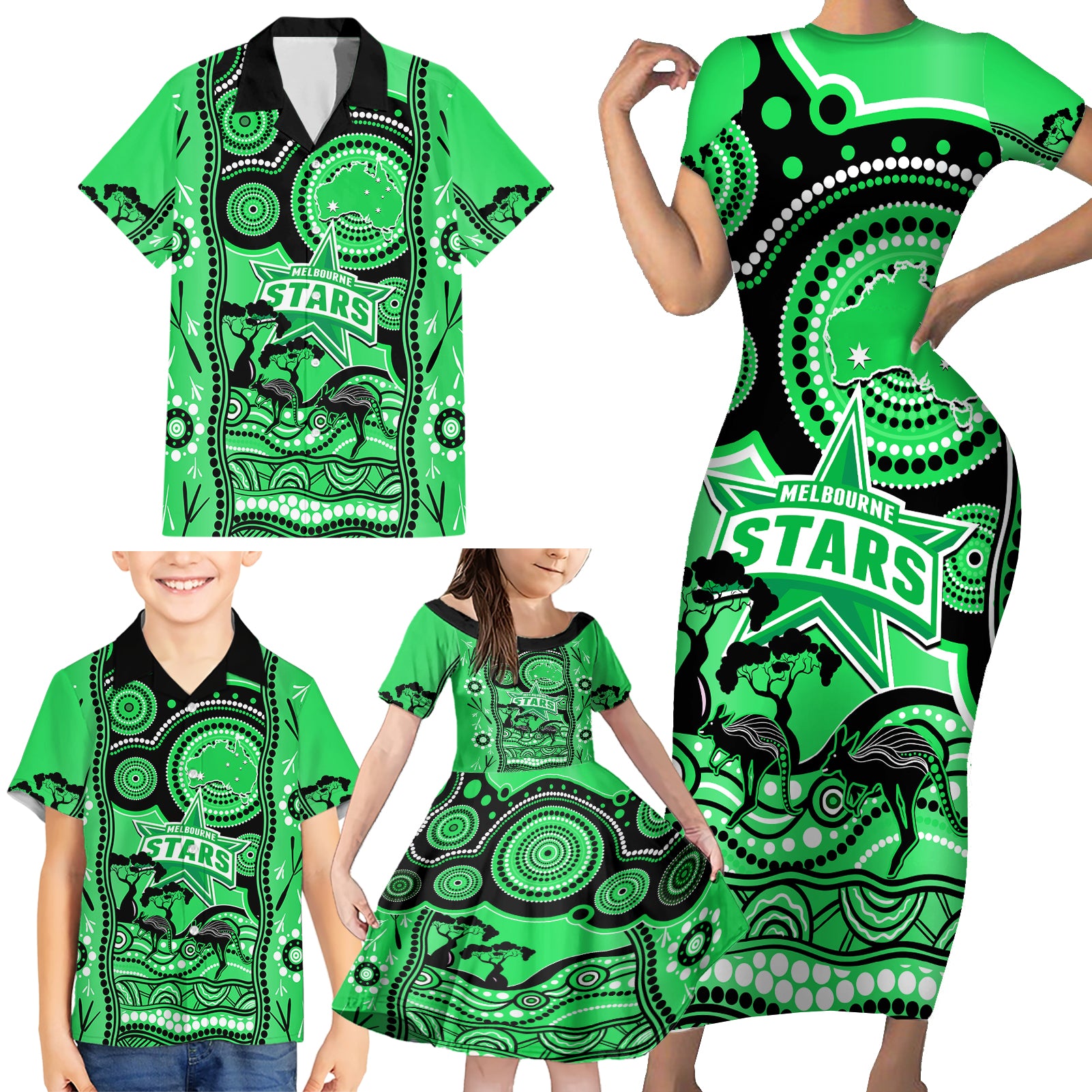 melbourne-stars-cricket-family-matching-short-sleeve-bodycon-dress-and-hawaiian-shirt-happy-australia-day-aboriginal-art