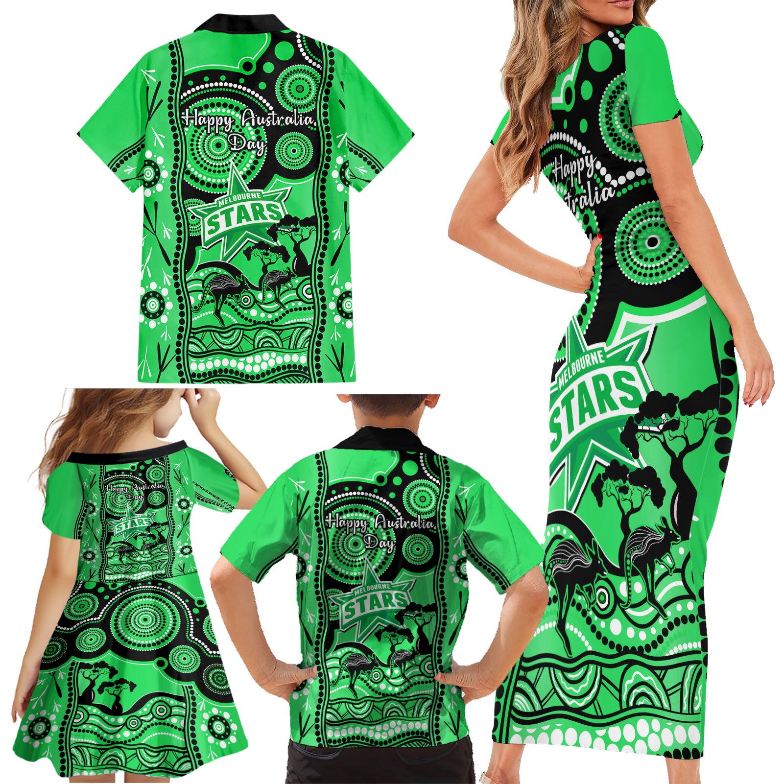 melbourne-stars-cricket-family-matching-short-sleeve-bodycon-dress-and-hawaiian-shirt-happy-australia-day-aboriginal-art