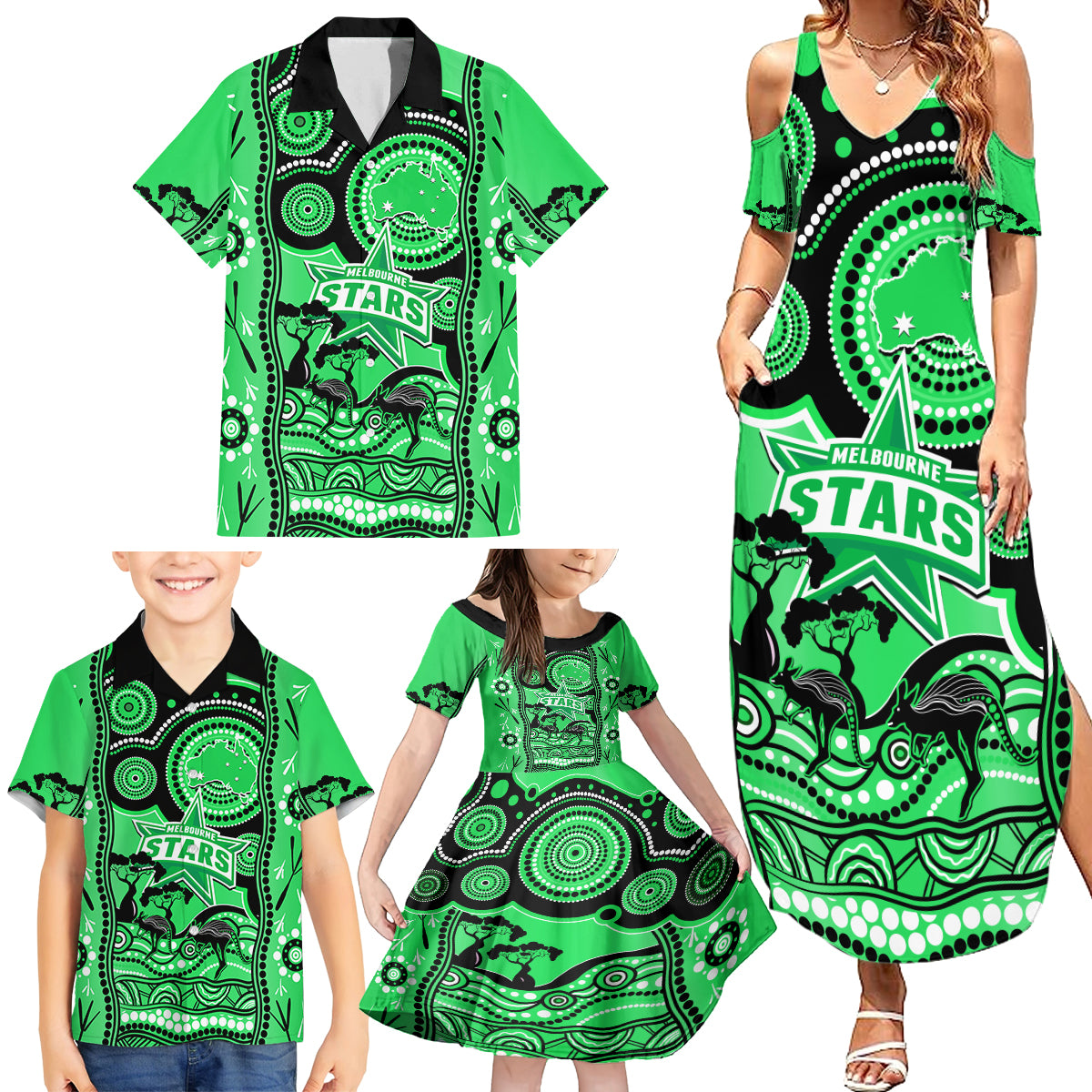 melbourne-stars-cricket-family-matching-summer-maxi-dress-and-hawaiian-shirt-happy-australia-day-aboriginal-art