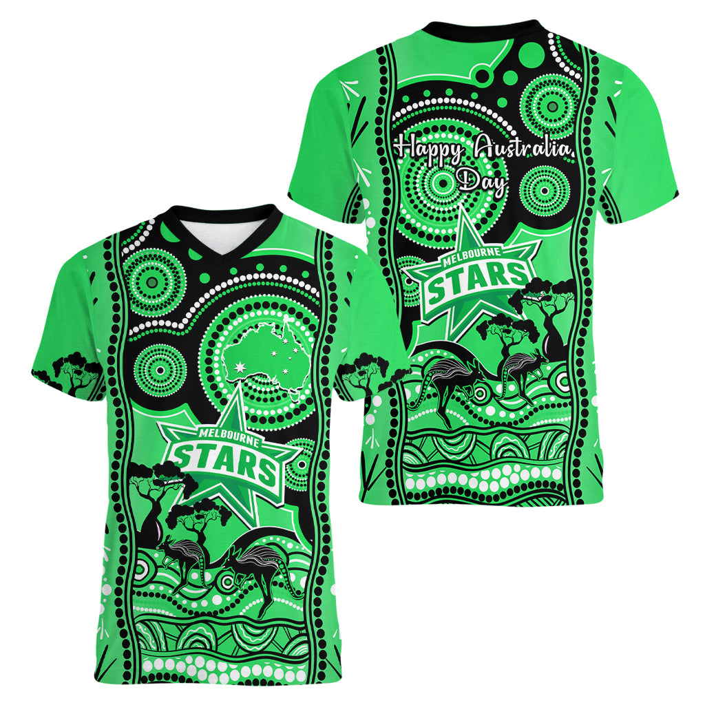 Melbourne Stars Cricket Women V Neck T Shirt Happy Australia Day Aboriginal Art - Vibe Hoodie Shop