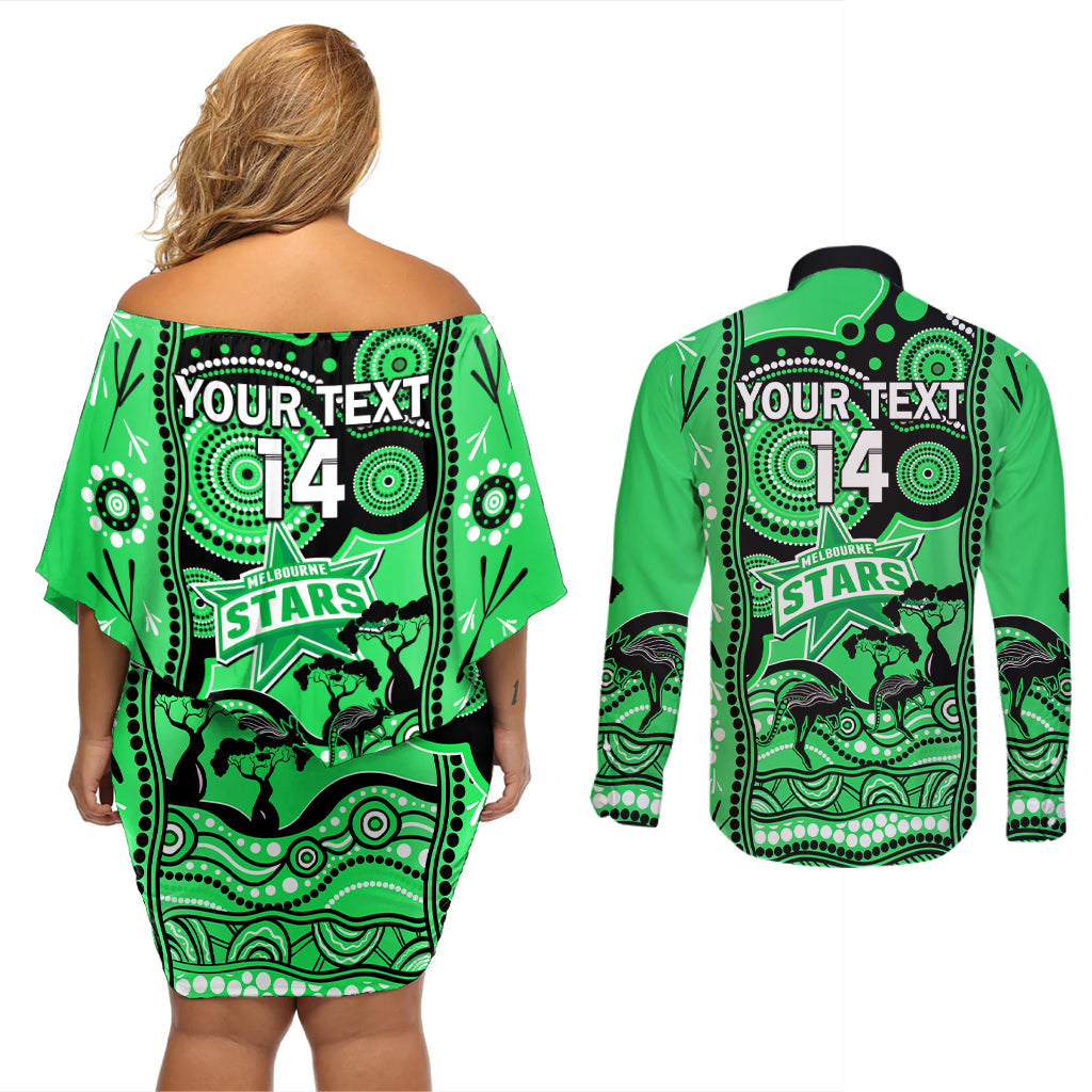 custom-melbourne-stars-cricket-couples-matching-off-shoulder-short-dress-and-long-sleeve-button-shirt-happy-australia-day-aboriginal-art