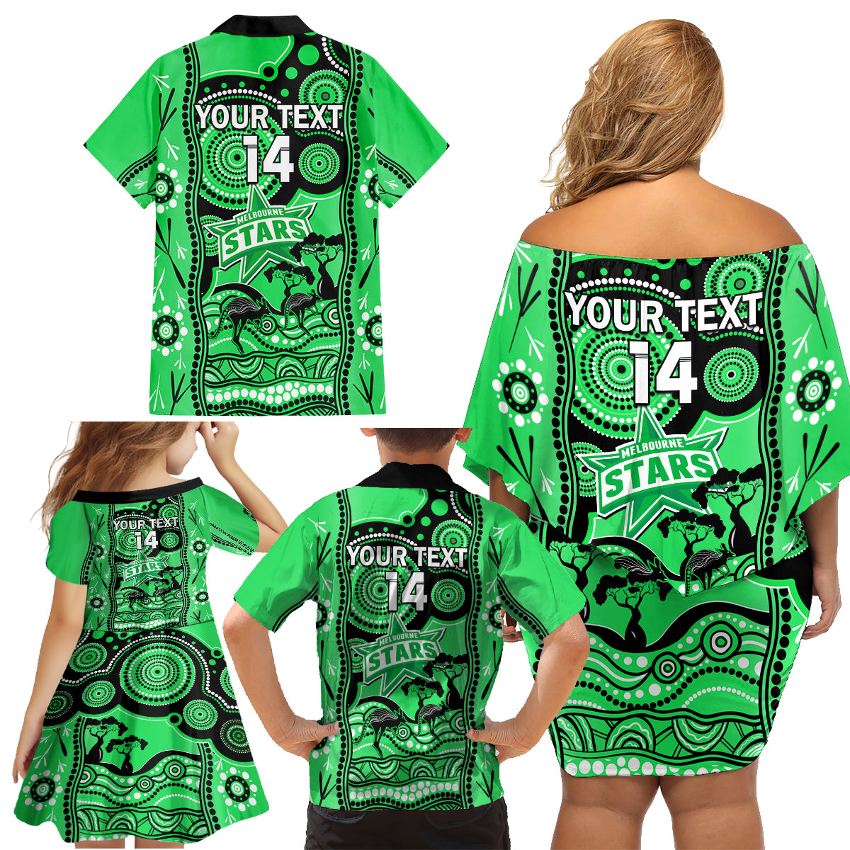 custom-melbourne-stars-cricket-family-matching-off-shoulder-short-dress-and-hawaiian-shirt-happy-australia-day-aboriginal-art