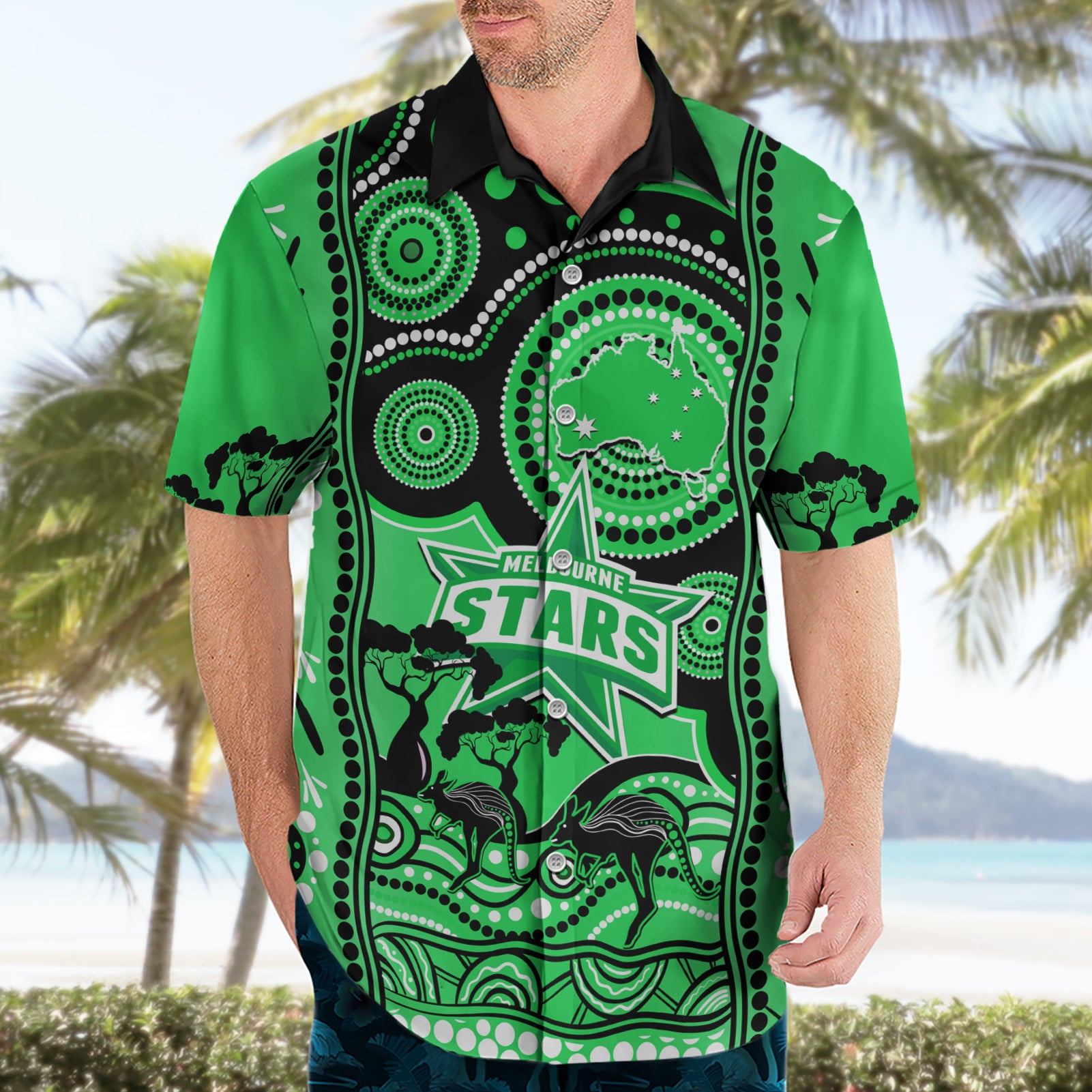 Custom Melbourne Stars Cricket Hawaiian Shirt Happy Australia Day Aboriginal Art - Vibe Hoodie Shop