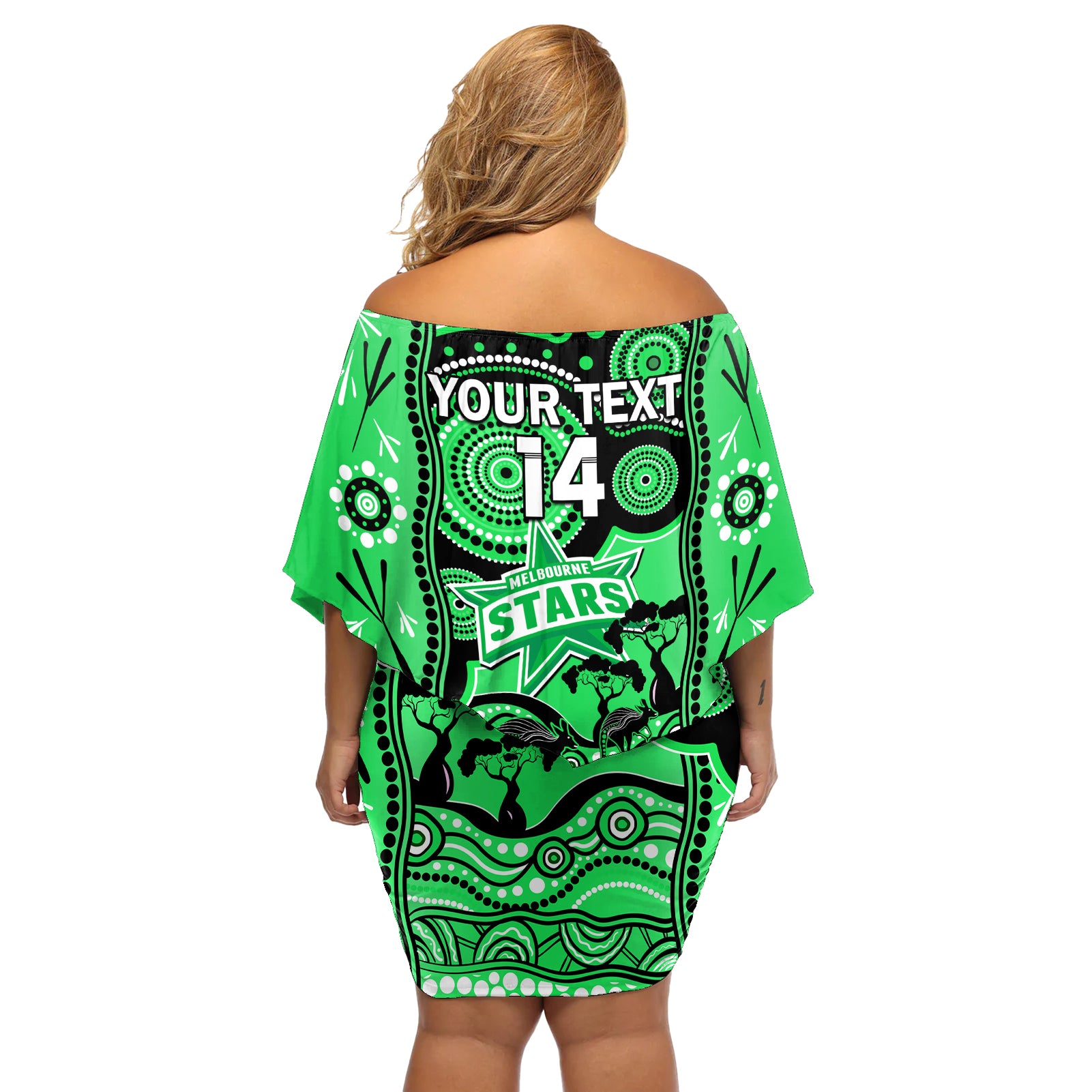 custom-melbourne-stars-cricket-off-shoulder-short-dress-happy-australia-day-aboriginal-art