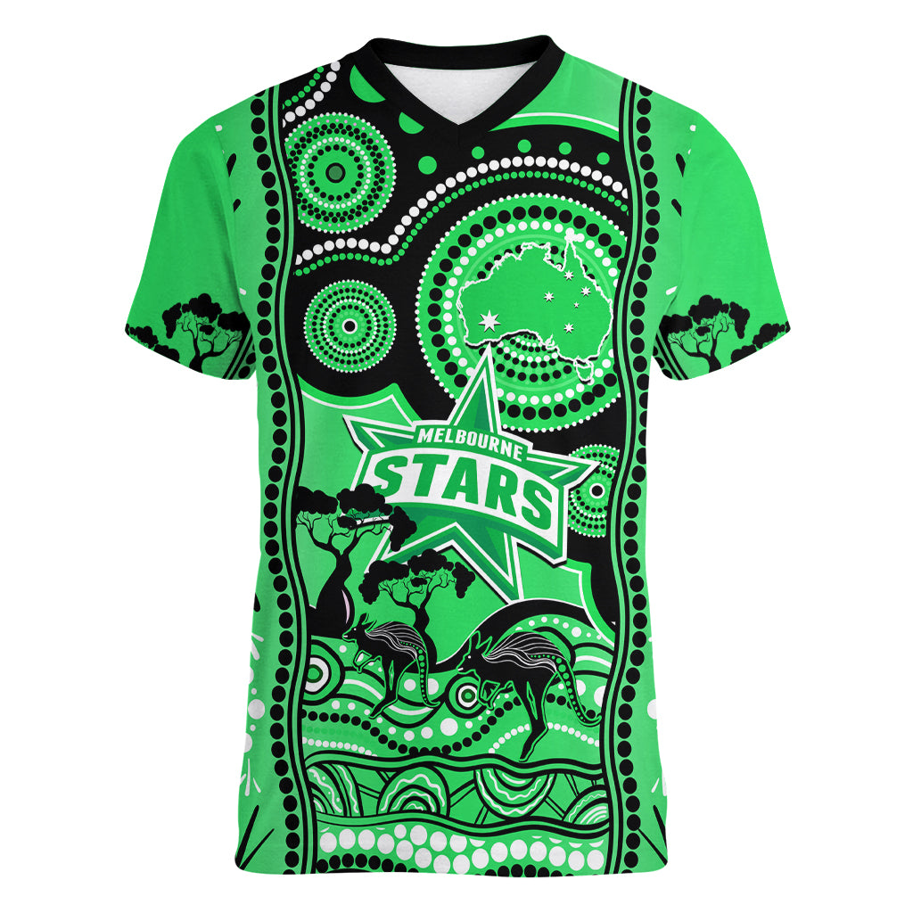 Custom Melbourne Stars Cricket Women V Neck T Shirt Happy Australia Day Aboriginal Art - Vibe Hoodie Shop