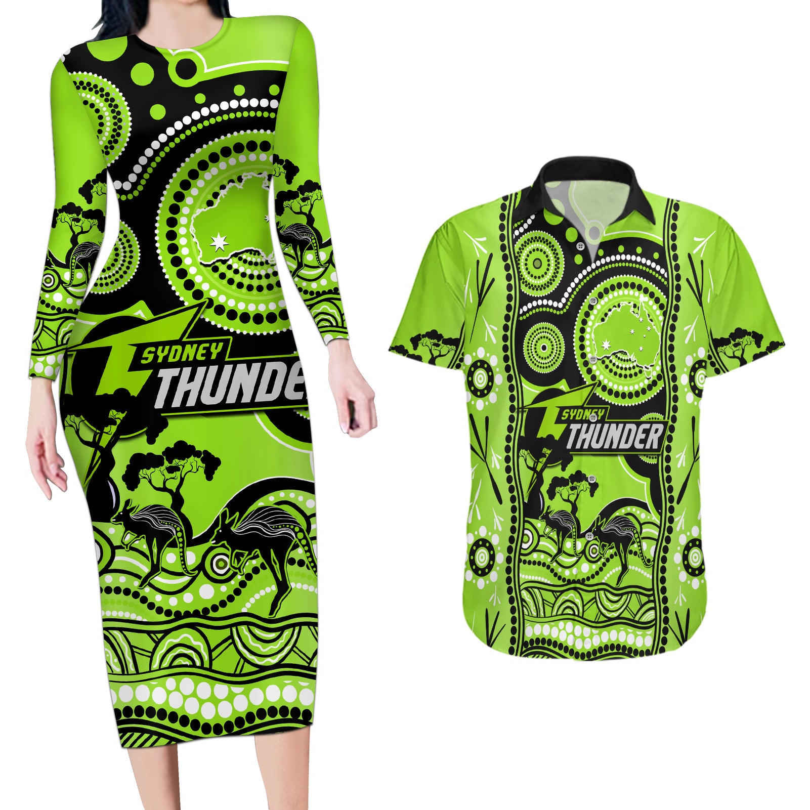 sydney-thunder-cricket-couples-matching-long-sleeve-bodycon-dress-and-hawaiian-shirt-happy-australia-day-aboriginal-art