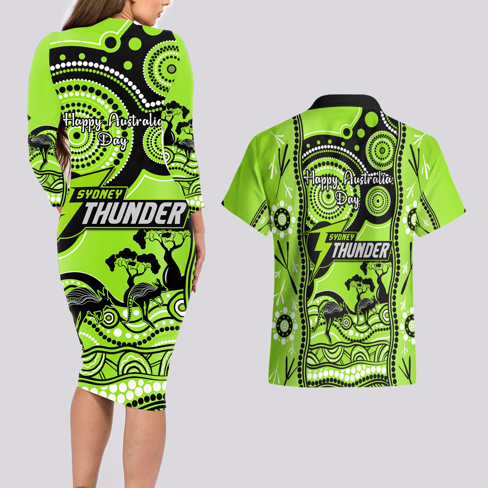 sydney-thunder-cricket-couples-matching-long-sleeve-bodycon-dress-and-hawaiian-shirt-happy-australia-day-aboriginal-art