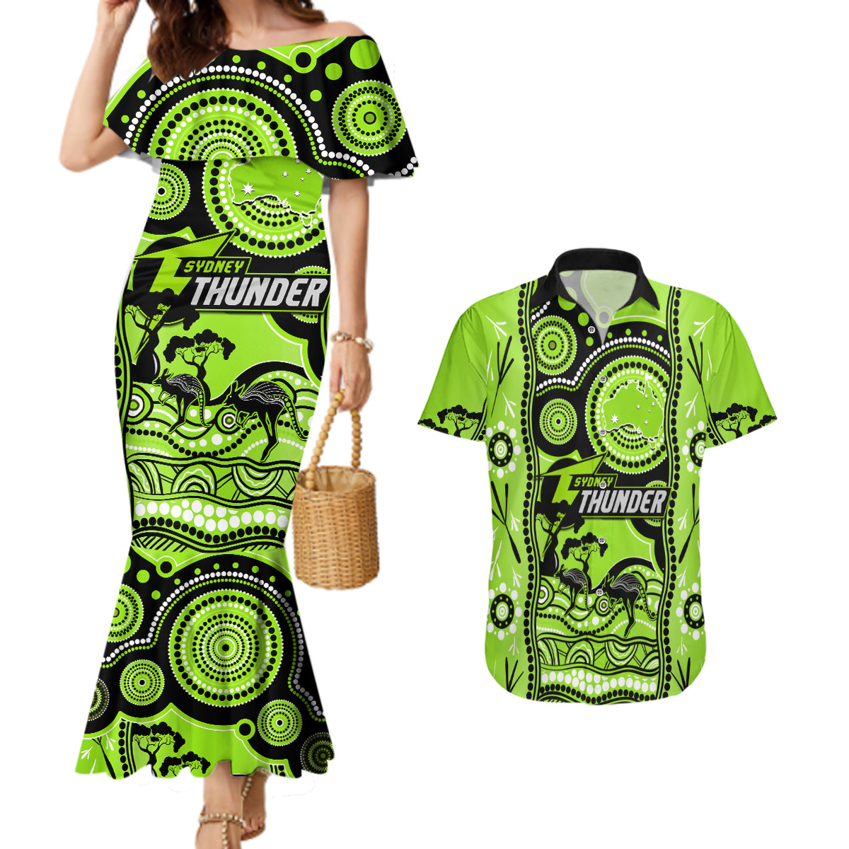 sydney-thunder-cricket-couples-matching-mermaid-dress-and-hawaiian-shirt-happy-australia-day-aboriginal-art