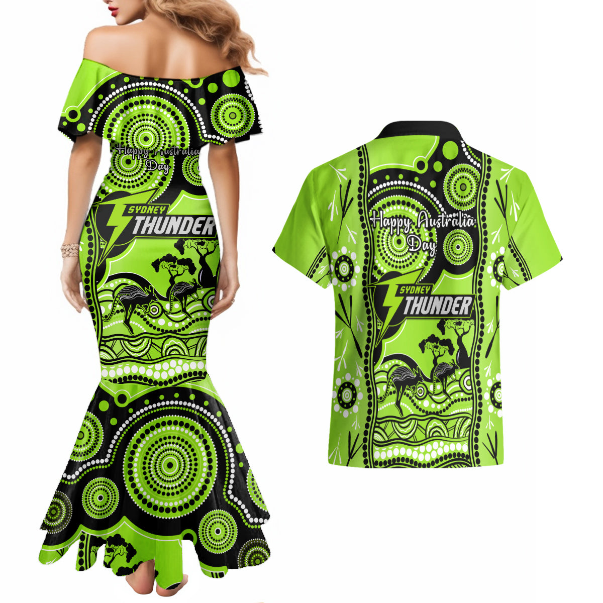 sydney-thunder-cricket-couples-matching-mermaid-dress-and-hawaiian-shirt-happy-australia-day-aboriginal-art