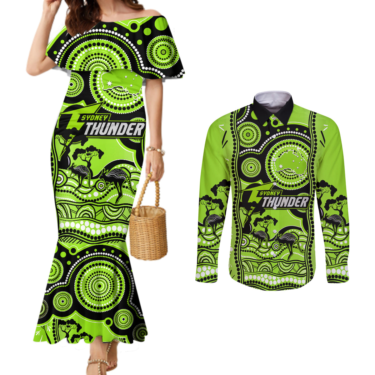 sydney-thunder-cricket-couples-matching-mermaid-dress-and-long-sleeve-button-shirt-happy-australia-day-aboriginal-art