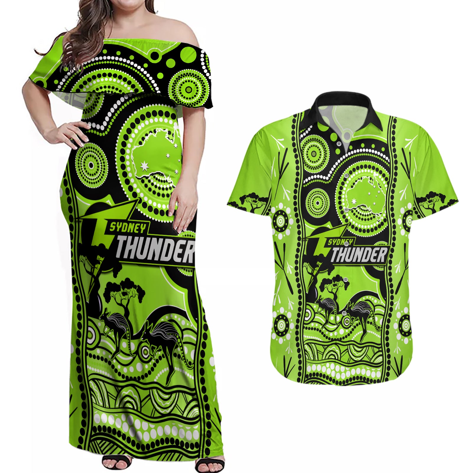 sydney-thunder-cricket-couples-matching-off-shoulder-maxi-dress-and-hawaiian-shirt-happy-australia-day-aboriginal-art