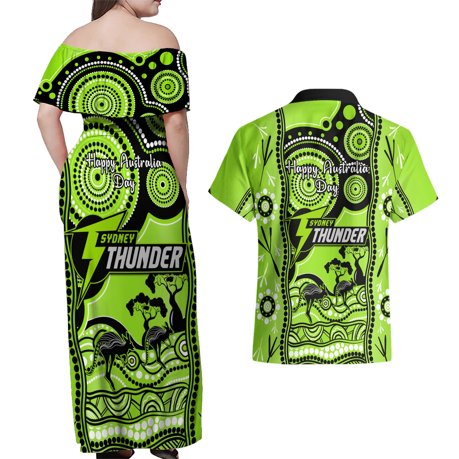 sydney-thunder-cricket-couples-matching-off-shoulder-maxi-dress-and-hawaiian-shirt-happy-australia-day-aboriginal-art