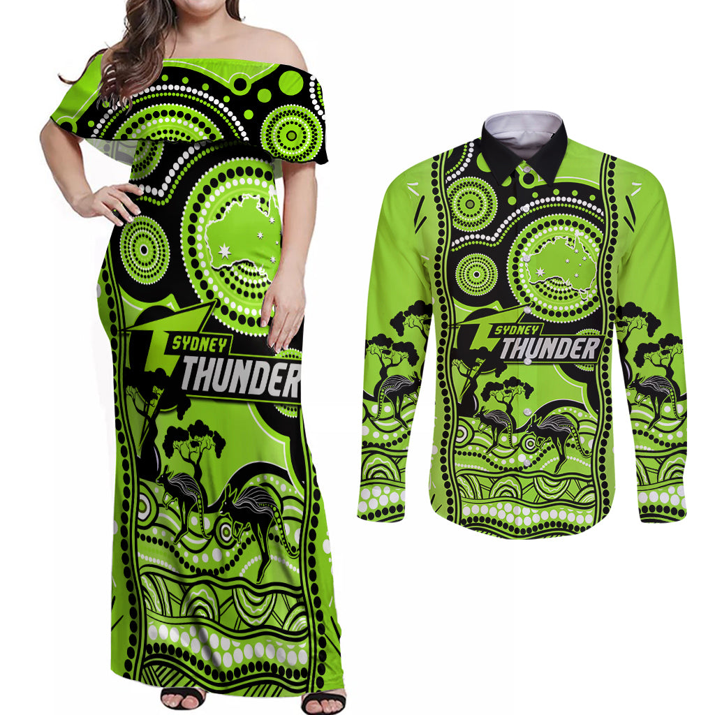 sydney-thunder-cricket-couples-matching-off-shoulder-maxi-dress-and-long-sleeve-button-shirt-happy-australia-day-aboriginal-art