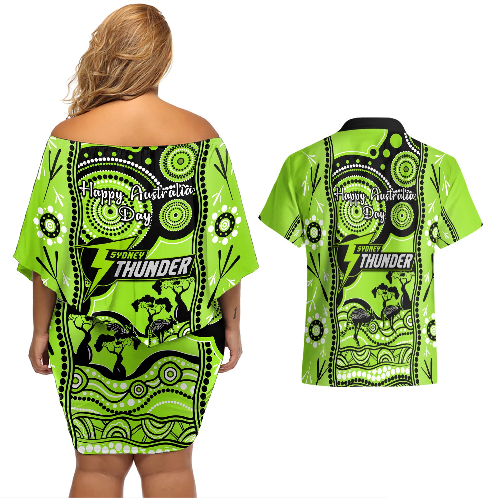 sydney-thunder-cricket-couples-matching-off-shoulder-short-dress-and-hawaiian-shirt-happy-australia-day-aboriginal-art