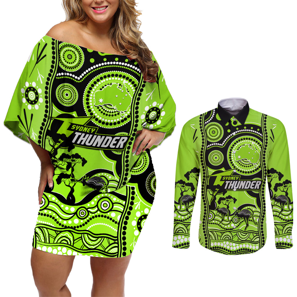 sydney-thunder-cricket-couples-matching-off-shoulder-short-dress-and-long-sleeve-button-shirt-happy-australia-day-aboriginal-art