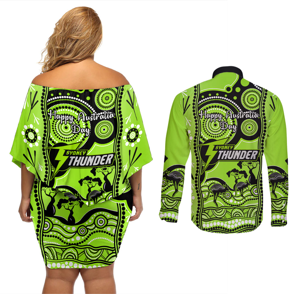 sydney-thunder-cricket-couples-matching-off-shoulder-short-dress-and-long-sleeve-button-shirt-happy-australia-day-aboriginal-art