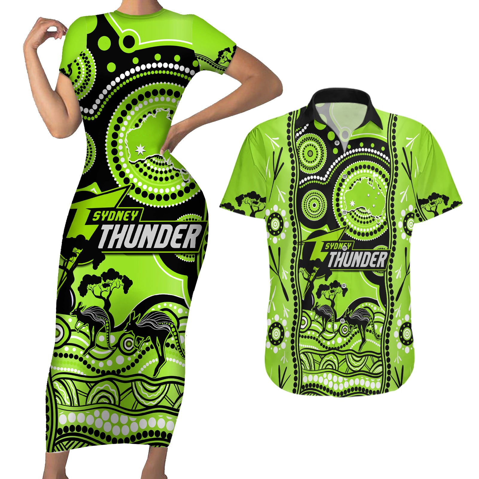 sydney-thunder-cricket-couples-matching-short-sleeve-bodycon-dress-and-hawaiian-shirt-happy-australia-day-aboriginal-art