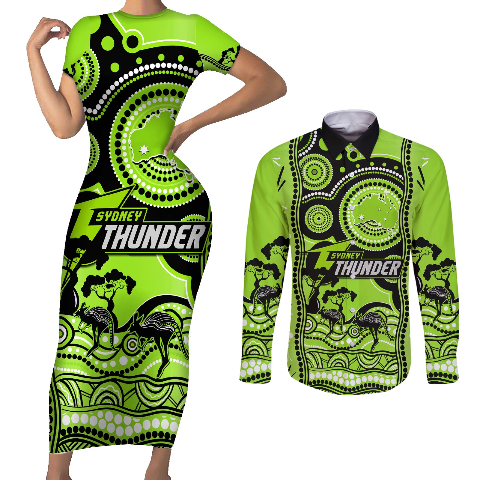 sydney-thunder-cricket-couples-matching-short-sleeve-bodycon-dress-and-long-sleeve-button-shirt-happy-australia-day-aboriginal-art