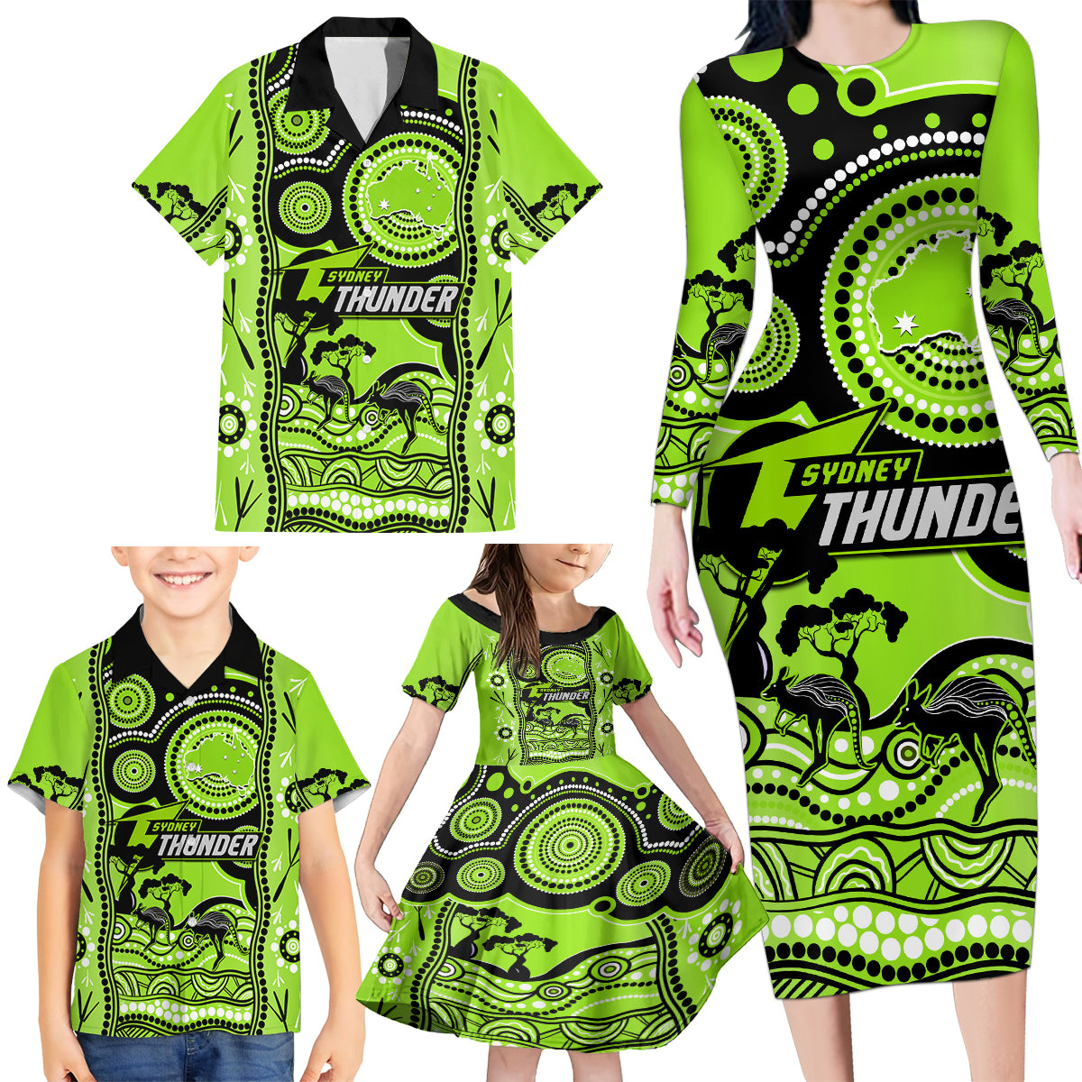 sydney-thunder-cricket-family-matching-long-sleeve-bodycon-dress-and-hawaiian-shirt-happy-australia-day-aboriginal-art