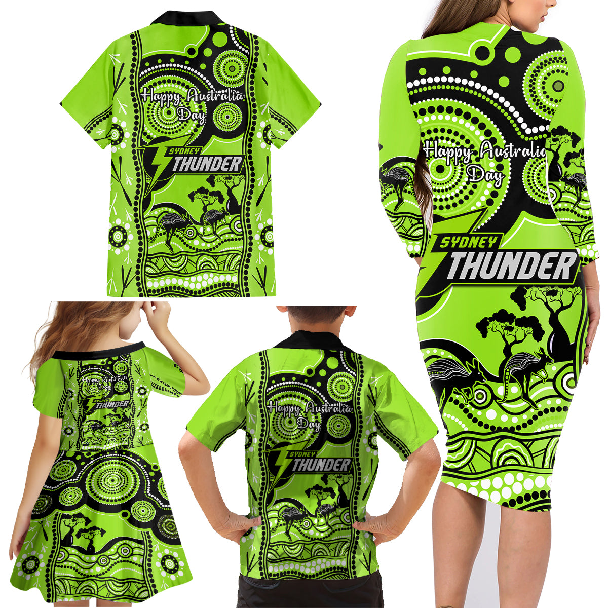 sydney-thunder-cricket-family-matching-long-sleeve-bodycon-dress-and-hawaiian-shirt-happy-australia-day-aboriginal-art