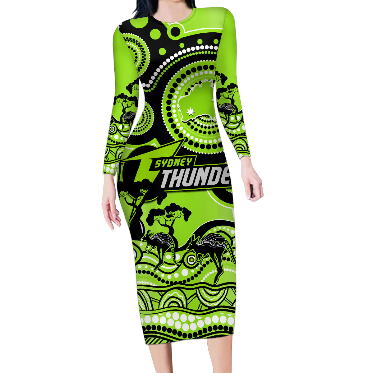 sydney-thunder-cricket-family-matching-long-sleeve-bodycon-dress-and-hawaiian-shirt-happy-australia-day-aboriginal-art