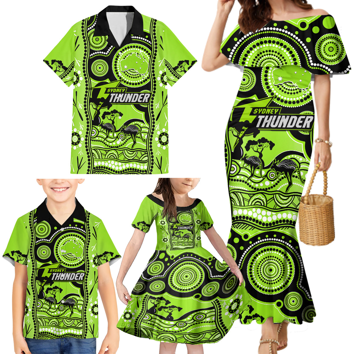 sydney-thunder-cricket-family-matching-mermaid-dress-and-hawaiian-shirt-happy-australia-day-aboriginal-art