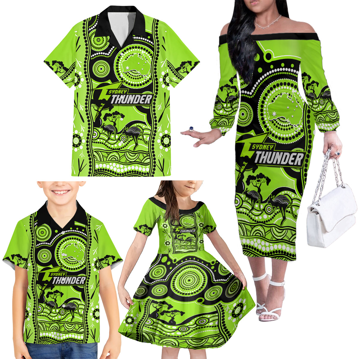 sydney-thunder-cricket-family-matching-off-shoulder-long-sleeve-dress-and-hawaiian-shirt-happy-australia-day-aboriginal-art