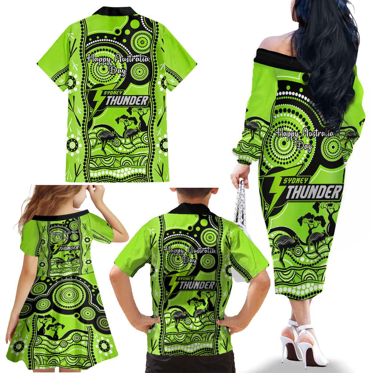 sydney-thunder-cricket-family-matching-off-shoulder-long-sleeve-dress-and-hawaiian-shirt-happy-australia-day-aboriginal-art