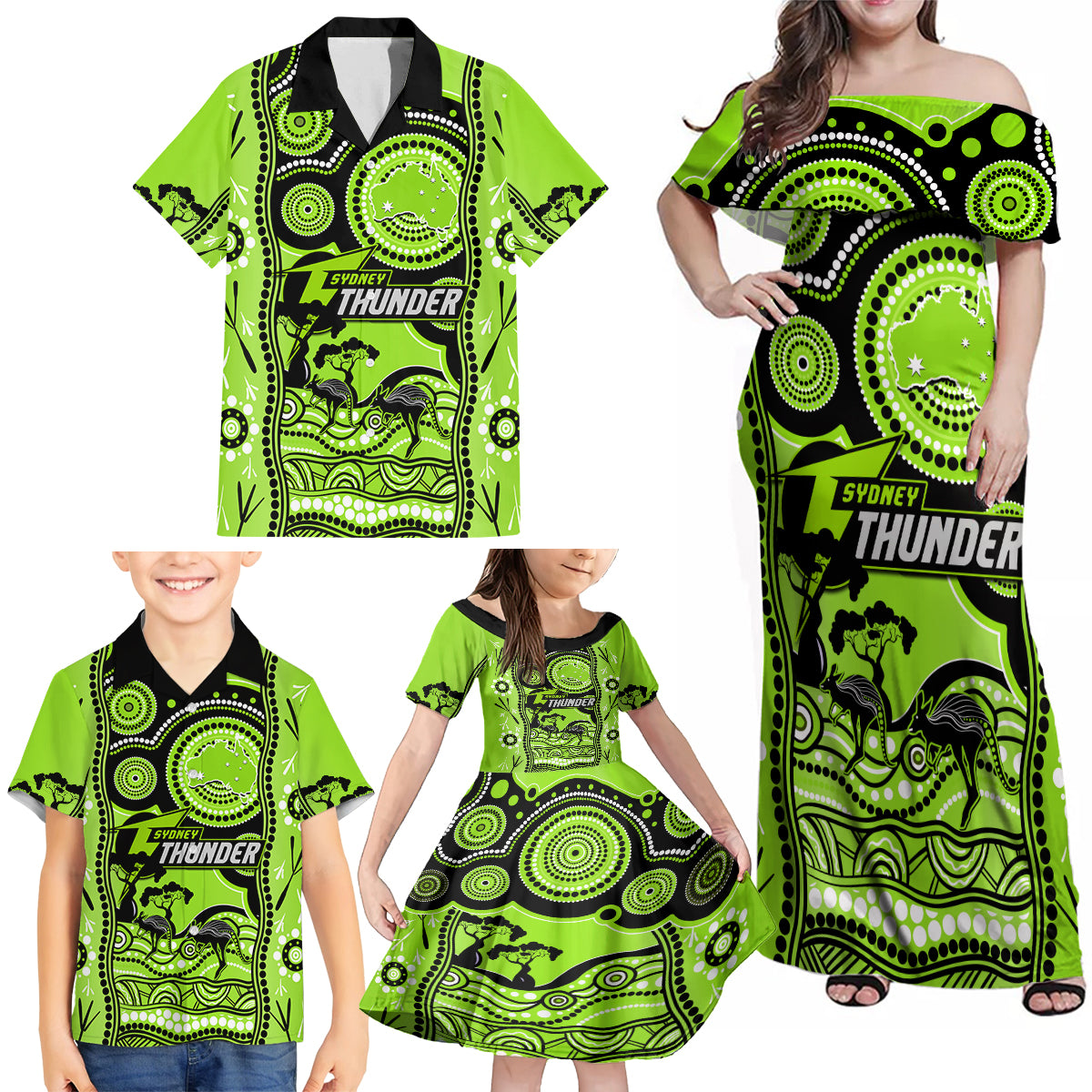 sydney-thunder-cricket-family-matching-off-shoulder-maxi-dress-and-hawaiian-shirt-happy-australia-day-aboriginal-art